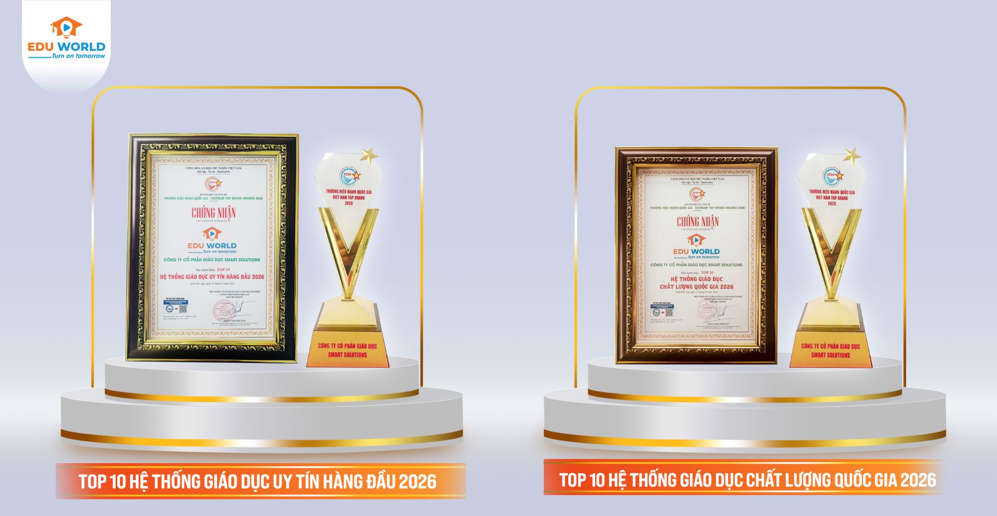 Hệ thống trung tâm anh ngữ Edu World vinh dự nhận 02 giải thưởng tại lễ công bố Thương Hiệu Mạnh Quốc Gia năm 2026
