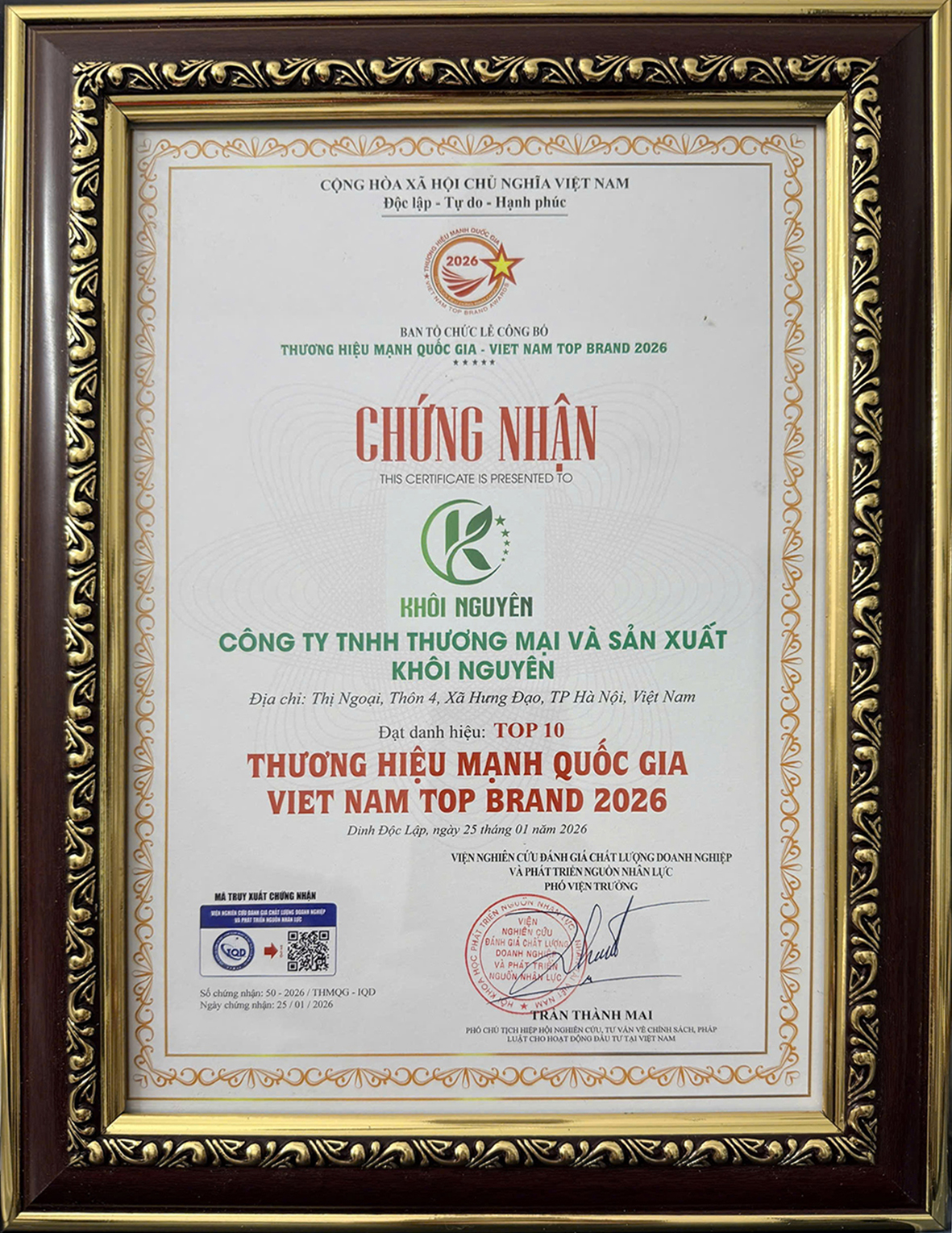 Công Ty TNHH Thương Mại Và Sản Xuất Khôi Nguyên Đón Nhận Danh Hiệu Top 10 Thương Hiệu Mạnh Quốc Gia 2026
