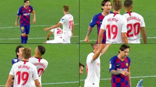 Luis Suarez bị chơi xấu, Messi nổi điên xô ngã đối phương